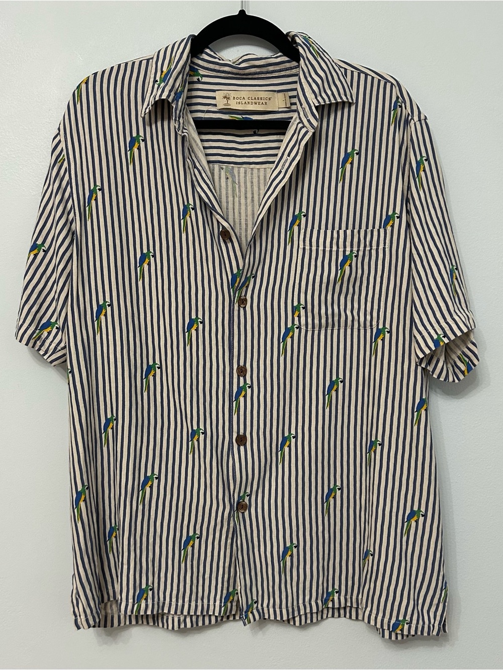 Boca Classics Islandwear Silk Striped Parrot Button Up Short Sleeve Shirt